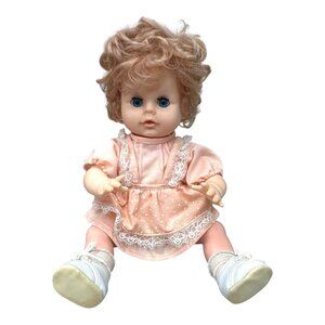 Vintage 1970s Baby Doll Blonde Curly Hair & Pink Dress 12" Sleepy Blue Eyes Girl